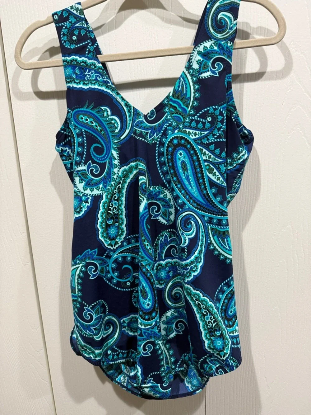 Lands' End Women Slender Surplice Blue Paisley Tunic One Piece Swimsuit 16D NWOT